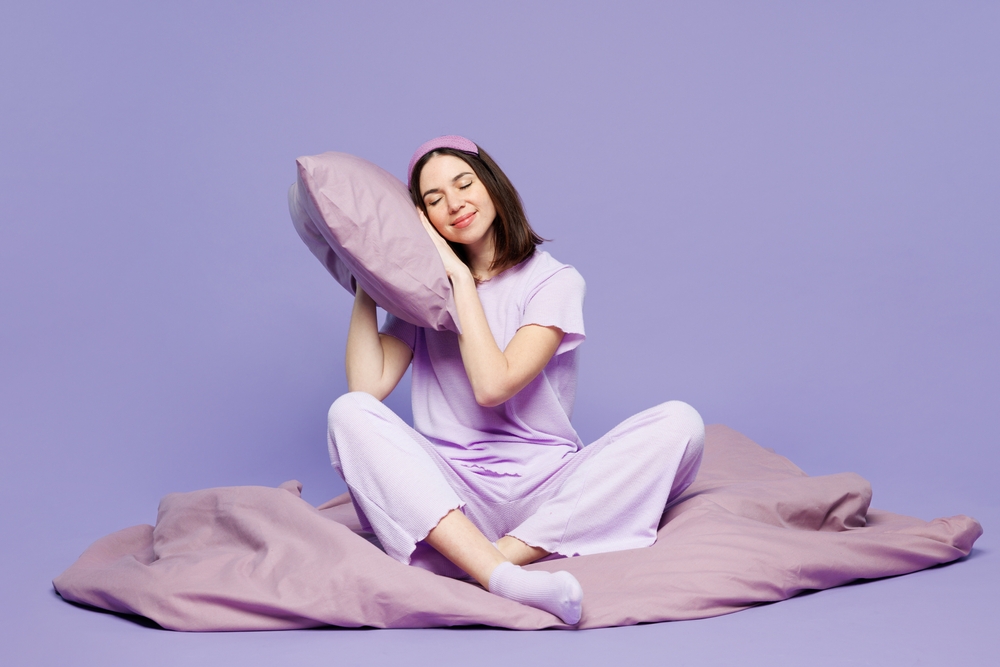 Full,Body,Young,Calm,Woman,Wear,Pyjamas,Jam,Sleep,Eye