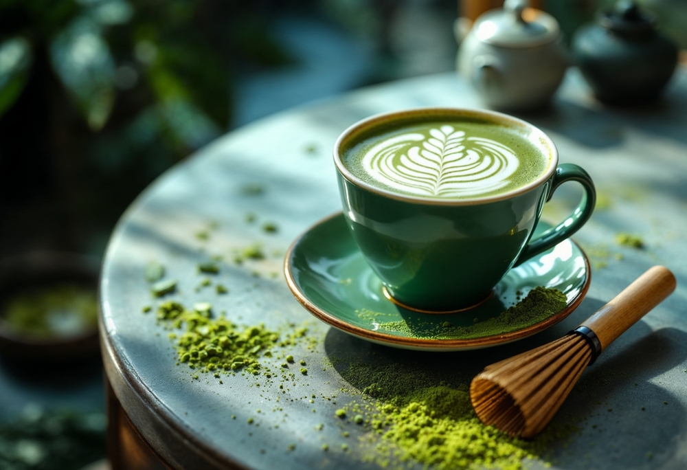 Matcha,Latte,Art,In,A,Ceramic,Cup,With,Matcha,Powder