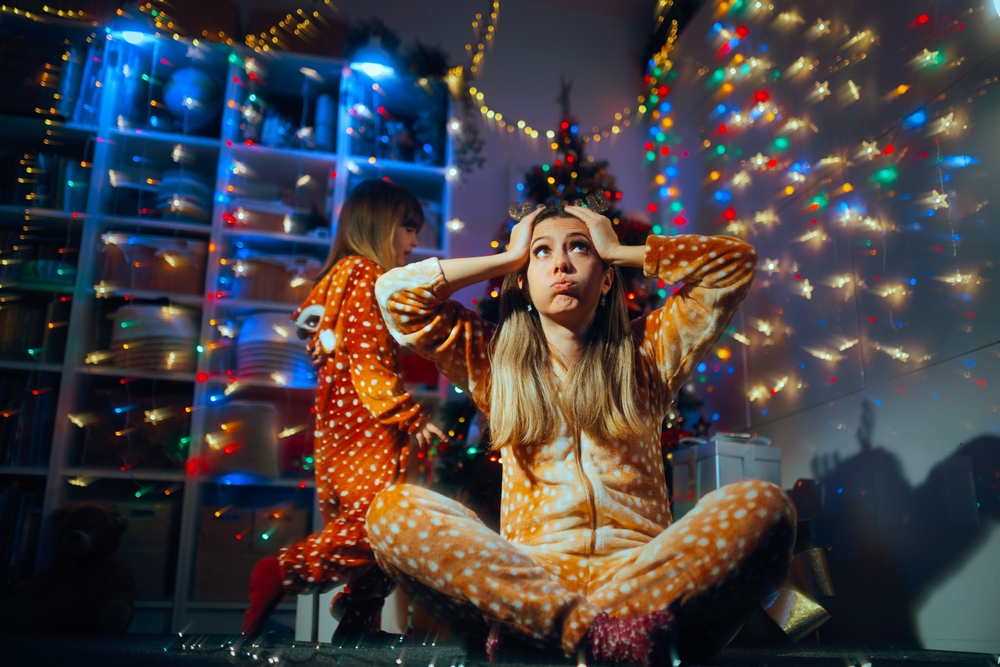 Stressed,Christmas,Mother,Surrounded,By,Her,Naughty,Daughter.,Little,Kid