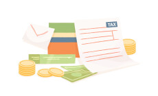 Colorful,Composition,With,Paper,Tax,Form,And,Money,On,White