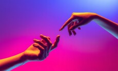 Moment,Of,Weightless.,Two,Human,Hands,Trying,To,Touch,Each