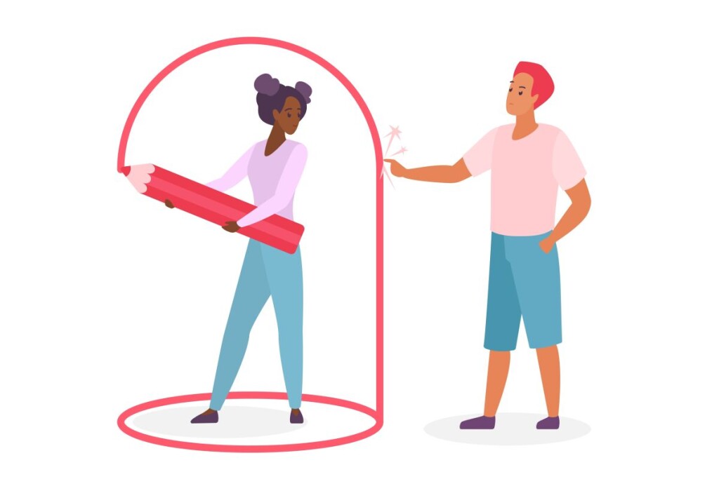 Person,Setting,Personal,Boundaries,Vector,Illustration.,Cartoon,Isolated,Woman,Drawing