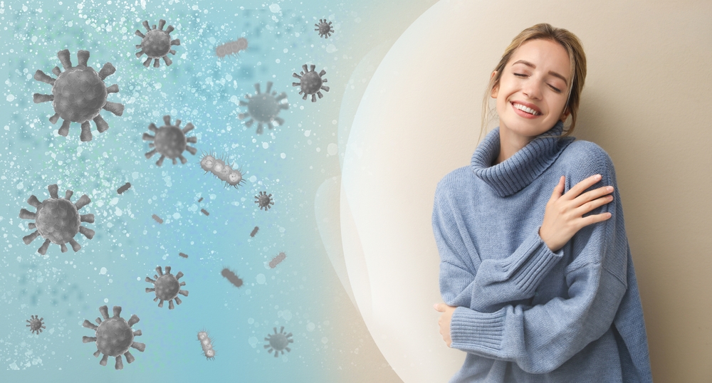 Woman,With,Strong,Immunity,Surrounded,By,Viruses,On,Color,Background,