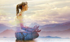 Double,Exposure,Of,Silhouette,Of,Woman,Doing,Yoga,In,Lotus