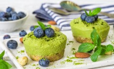 Matcha,Vegan,Cheesecakes,With,Blueberries,And,Mint,On,White,Plate
