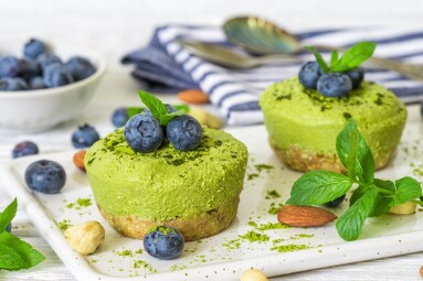 Matcha,Vegan,Cheesecakes,With,Blueberries,And,Mint,On,White,Plate