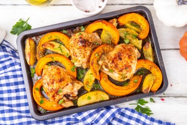 Roasted,Baked,Chicken,Thigh,With,Pumpkin,And,Potato,Wedges,,Garlic