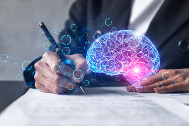 Woman,Signs,Agreement.,Brain,Hologram.,Double,Exposure,.,Ai,Concept.