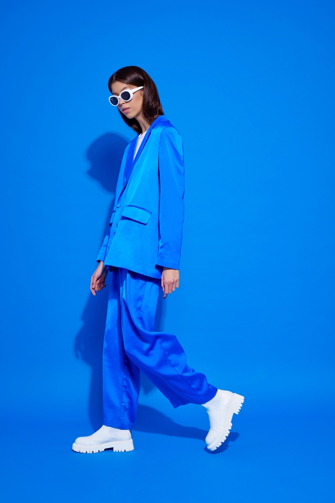 Fashion,Asian,Female,Model,In,Blue,Suit,,White,Boots,And
