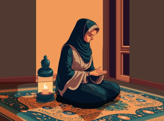 Young,Muslim,Woman,Character,Offering,Namaz,(prayer),On,Carpet,And