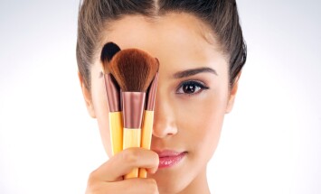 Woman,,Beauty,Portrait,And,Brushes,For,Makeup,Application,With,Skincare,