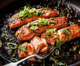 Close-up,View,Of,Teriyaki,Salmon,Sprinkled,With,Chopped,Scallion,On