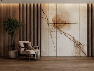 Contemporary,Interior,With,Armchair,,Potted,Plant,,Wall,Wood,Panels,And