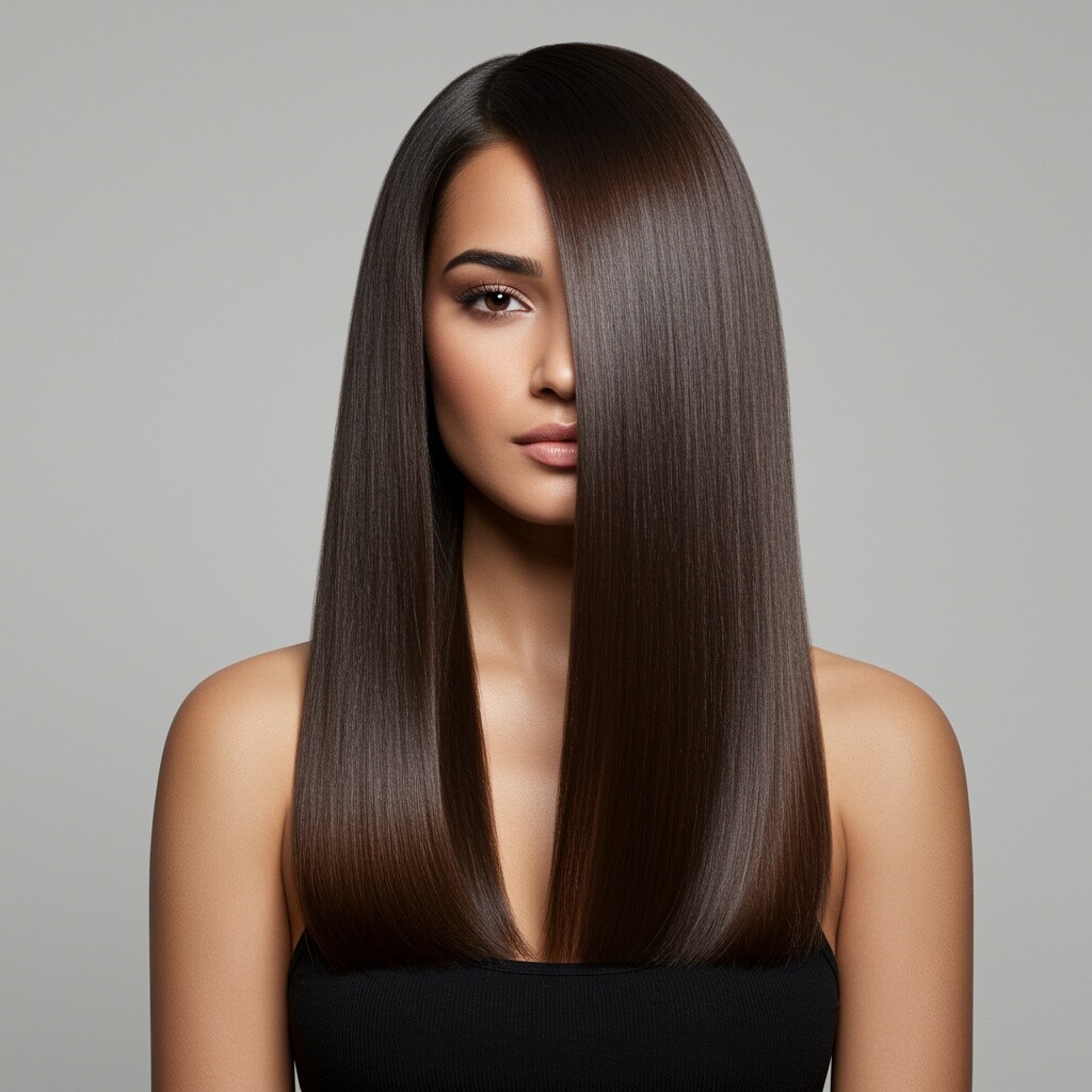 Ethnic,Woman,With,Extra,Shiny;smooth,Straight,Thick,Hair,,Results,From