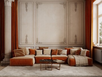 Classic,Interior,With,Orange,Sofa,And,Curtains,,Moldings,,Column,,Fur