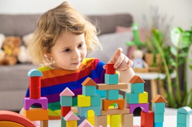 A,Child,Builds,From,Blocks.,Selective,Focus.,Kid.