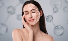 Beautiful,Woman,And,Collagen,Molecules,On,Grey,Background