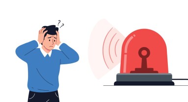 Man,In,Distress,With,Flashing,Red,Alert,Siren,Signaling,Danger