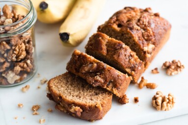 Homemade,Banana,Bread,With,Walnuts,Cut,Into,Slices,,Closeup,View