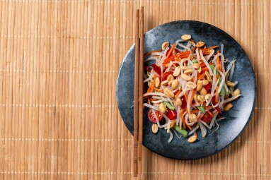 Healthy,Chinese,Cabbage,Salad,On,Bamboo,Tablecloth.,Top,View.,Copy