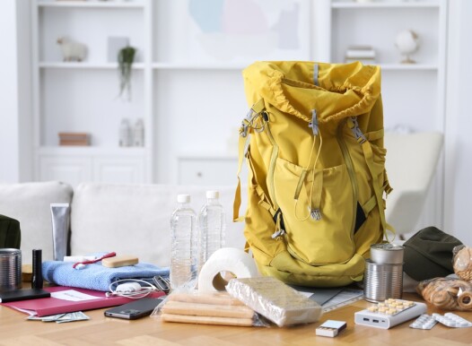 Survival,Kit.,Different,Emergency,Supplies,On,Wooden,Table,Indoors