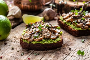 Toast,Avocado,,Mushrooms,And,Microgreen,Whole,Grain,Sandwich.,Decorated,With