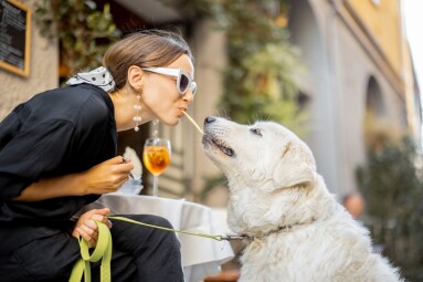 Woman,Eating,Pasta,With,Her,Cute,White,Dog,At,The