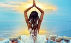 Yoga,Meditation,At,Sunset,Beach.,Peaceful,Woman,Relaxing,With,Tibetan