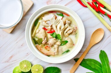 Tom,Kha,Kai,,chicken,In,Coconut,Milk,Soup,On,White