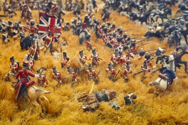 Model,Of,Waterloo,Battle,With,Tin,Miniature,Napoleon,Soldiers,Troops