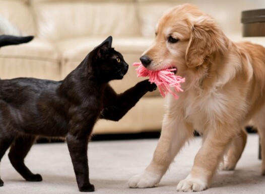 A,Golden,Retriever,And,A,Tabby,Cat,Playing,Together,In