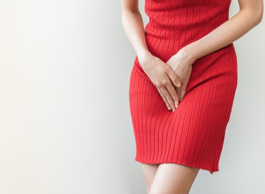 Vaginal,,Urinary,Incontinence.,Pain,Asian,Young,Woman,Hand,Holding,Crotch