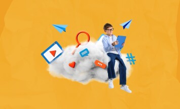 Child,Sits,On,A,Cloud,Using,A,Tablet,,Surrounded,By