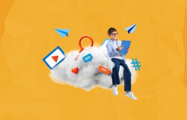Child,Sits,On,A,Cloud,Using,A,Tablet,,Surrounded,By