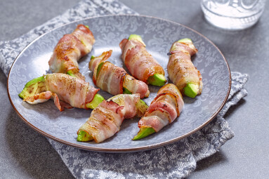 Roasted,Avocado,Pieces,Wrapped,In,Bacon.,Ketogenic,Diet