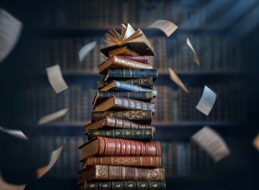 A,Stack,Of,Old,Books,And,Flying,Book,Pages,Against