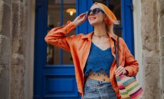 Fashionable,Happy,Smiling,Woman,Wearing,Trendy,Blue,Rectangular,Sunglasses,,Orange