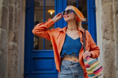 Fashionable,Happy,Smiling,Woman,Wearing,Trendy,Blue,Rectangular,Sunglasses,,Orange