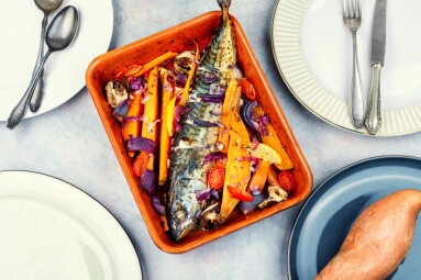 Grilled,Mackerel,Fish,With,Sweet,Potato,,Herbs,And,Spices.,Georgian