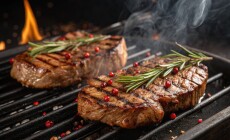 Grilled,Steaks,With,Rosemary,And,Red,Peppercorns,On,Smoky,Grill
