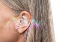 Senior,Woman,And,Sound,Waves,Near,Her,Ear,On,White