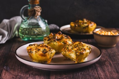 Potato,Halves,Baked,With,Cheese,,Garlic,And,Herbs,On,A