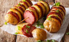 Barbecue,Potato,Skewers,With,Sausage,Salami,And,Green,Onion,Close-up