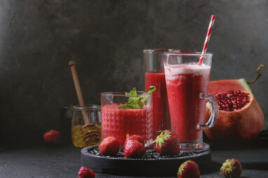 Three,Different,Red,Fruit,Berry,Watermelon,,Strawberry,,Raspberry,,Pomegranate,Cocktails