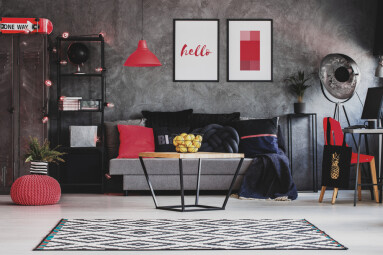 Raspberry,Red,Accents,In,Stylish,Living,Room,Interior,With,Grey