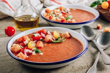 Spanish,Summer,Cold,Soup,Gazpacho,With,Vegetables,On,Concrete,Background.