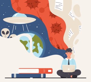 Conspiracy,Ideas,Concept.,Man,Sits,With,Laptop,In,Lotus,Position