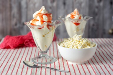 Home,Made,Cottage,Cheese,Ice,Cream,In,Glasses.,Rustic,Background
