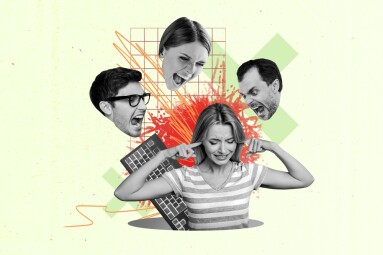 Photo,Illustration,Image,Collage,Businesspeople,Woman,Closed,Ears,Conflict,Avoid