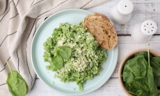Tasty,Spinach,Risotto,Served,With,Bread,On,White,Wooden,Table,